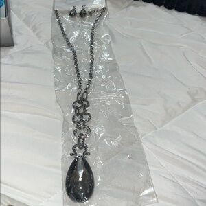 Jewelry Set in Gunmetal with large Teardrop Gray Stone in Necklace and Earrings